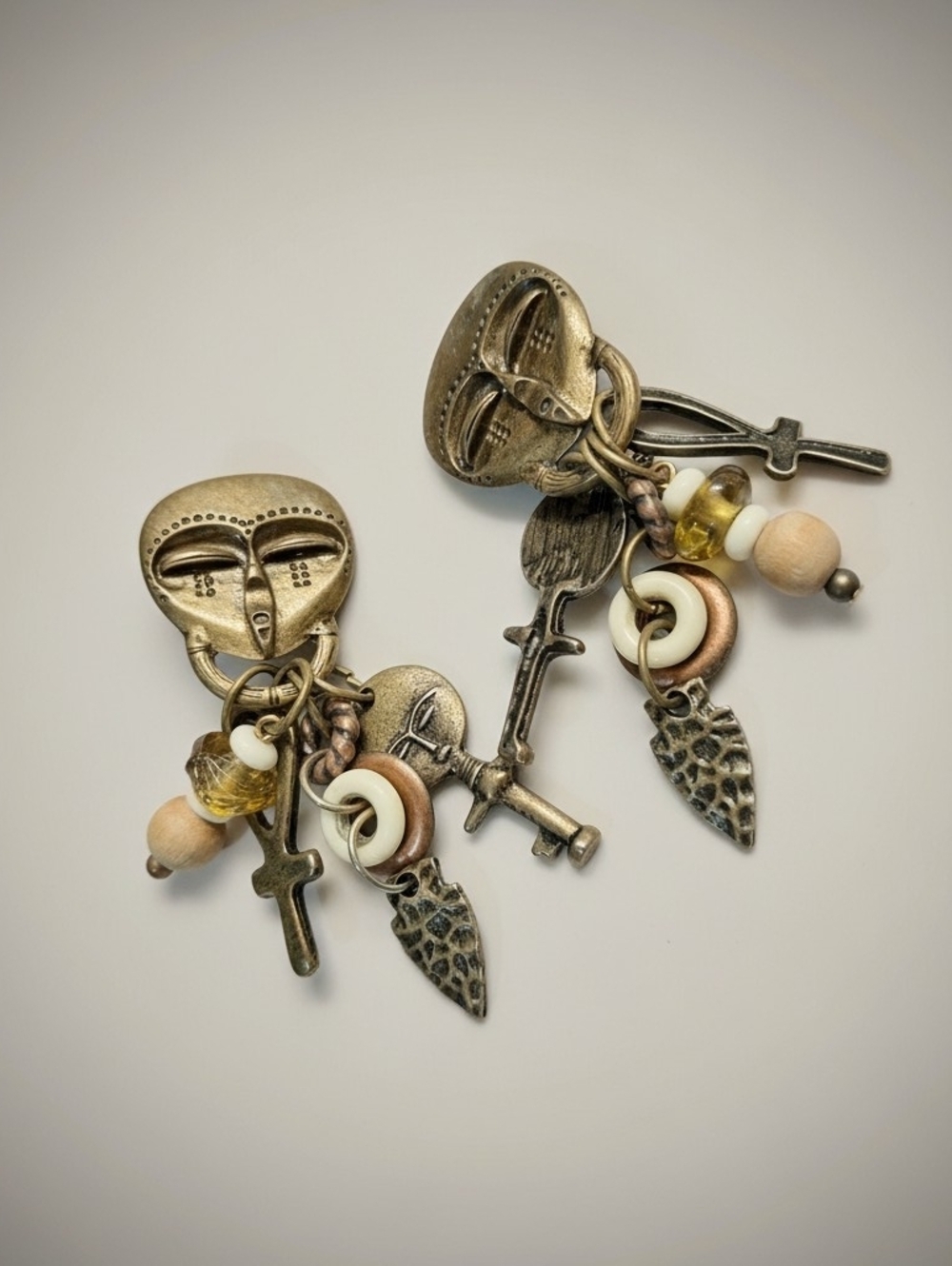 Boho Tribal Mask Charm Earrings Antique Gold Clip on Style Vintage Clutter Sun
